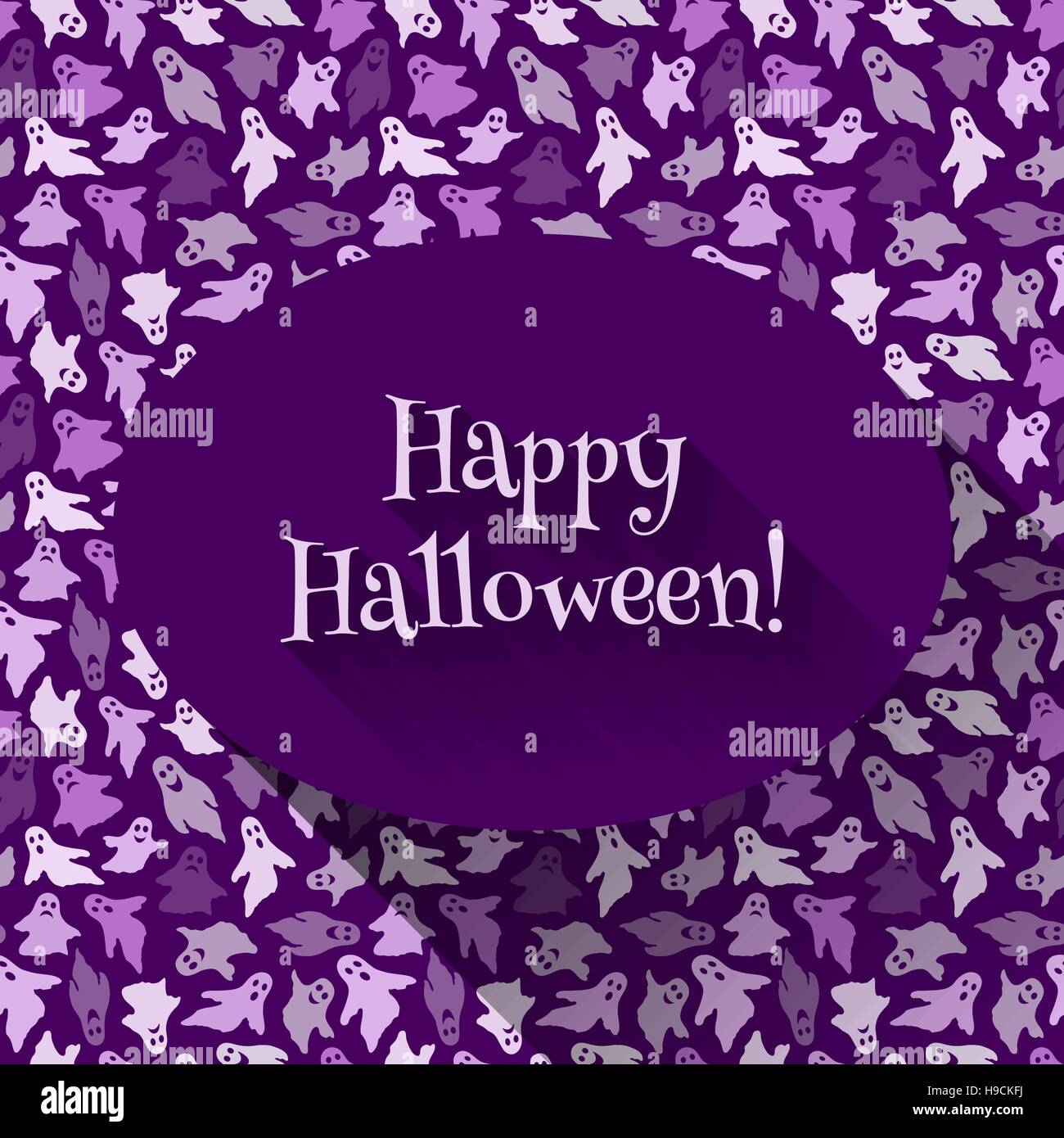 'Happy Halloween!' greeting over a seamless pattern with ghosts, eps10. Monochromatic background with traditional Halloween elements. Stock Vector