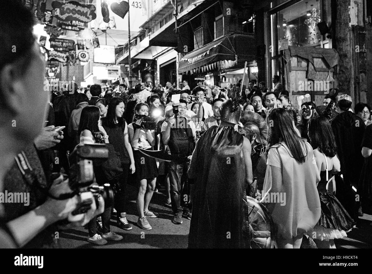 Monster Mash Halloween Party in Lan Kwai Fong, Hong Kong, black and white Stock Photo