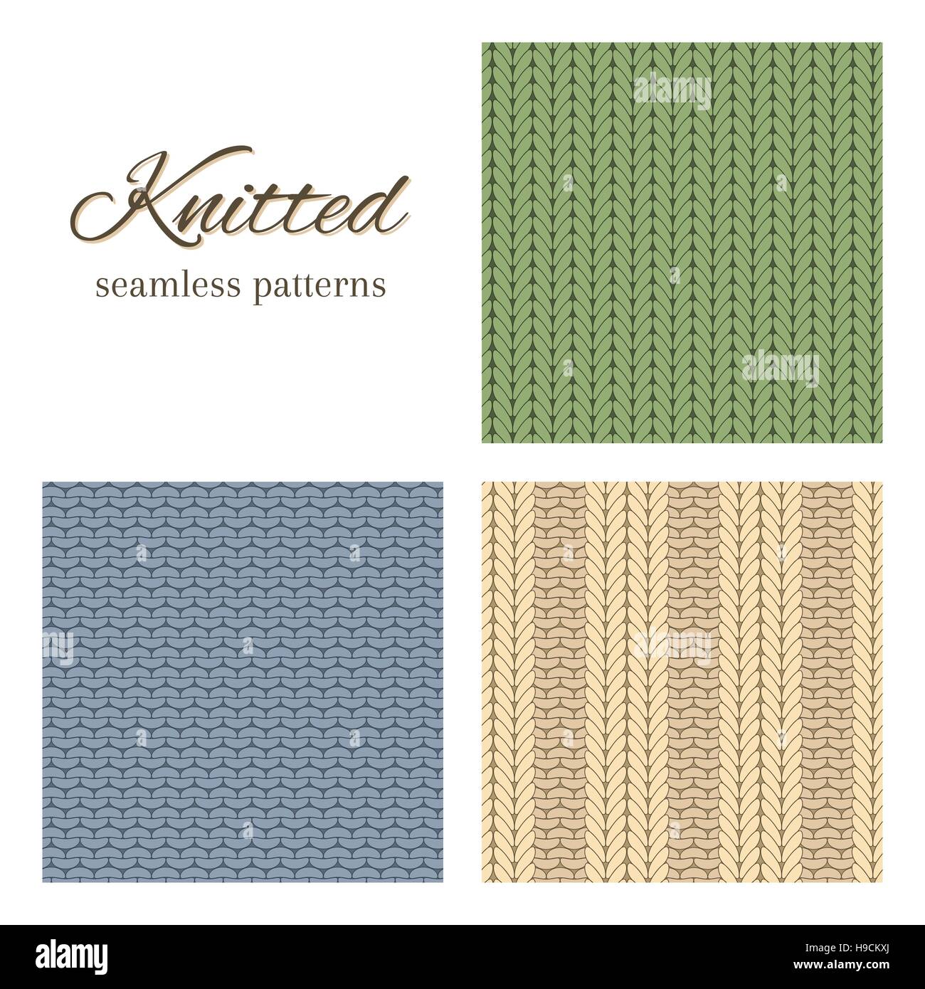 Set of vector seamless patterns imitating basic knitted fabrics: stockinette stitch, garter stitch and ribbing. Abstract vector backgrounds. Stock Vector