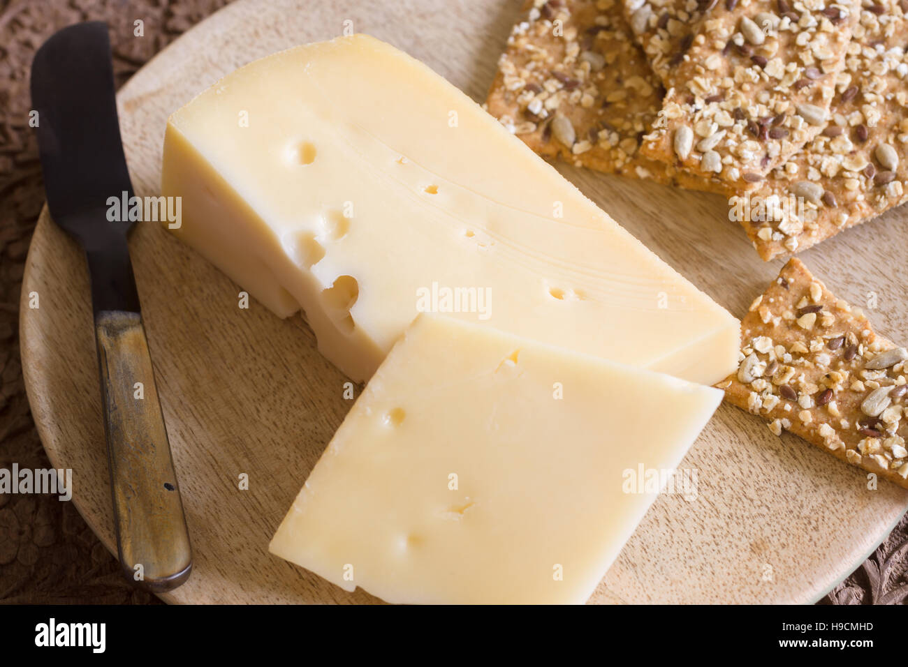 Jarlsberg a mild creamy Norwegian cheese similar to Swiss Emmental with its characteristic holes