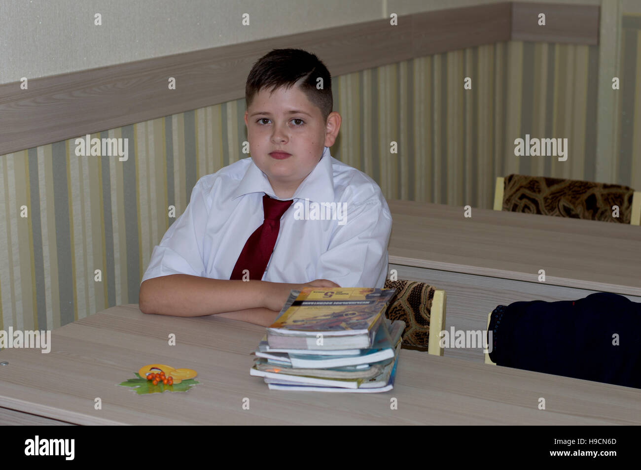 the school student in a claret tie behind a school desk in a class Stock Photo