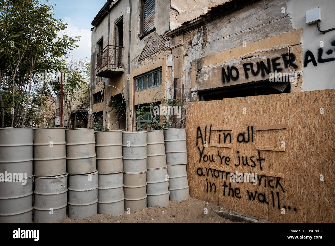 A street is  barricaded and fortified at the UN buffer zone between Greek Cypriot and Turkish Cypriot areas in Nicosia, Cyprus. Stock Photo