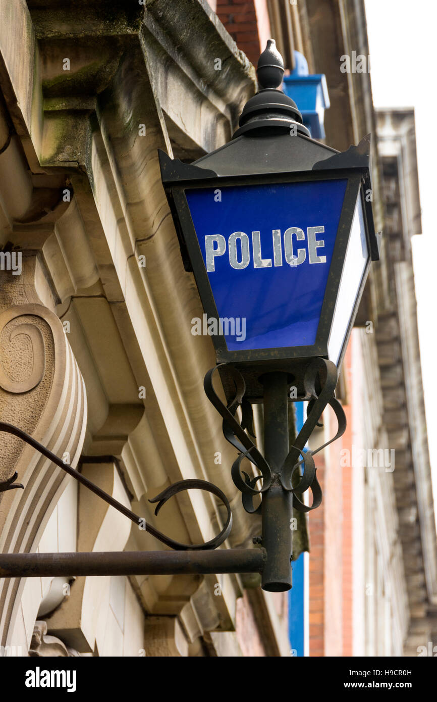 Vintage police lamp above the door of the Police Museum, Newton Street, Northern Quarter, Manchester, UK Stock Photo