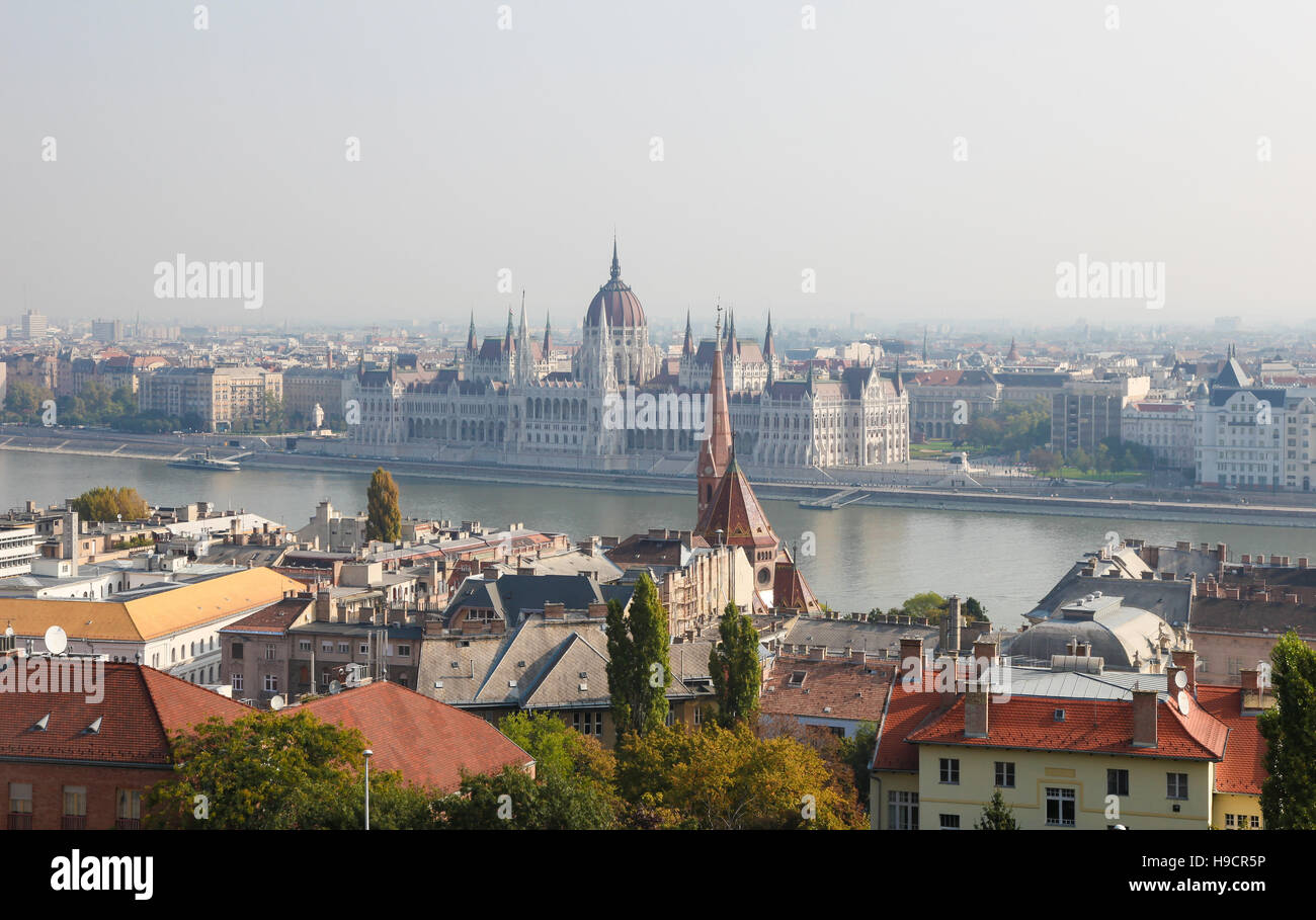 View on the center of Budapest, with the Hungarian Parliament Building, on the bank of the Danube, Hungary. Stock Photo