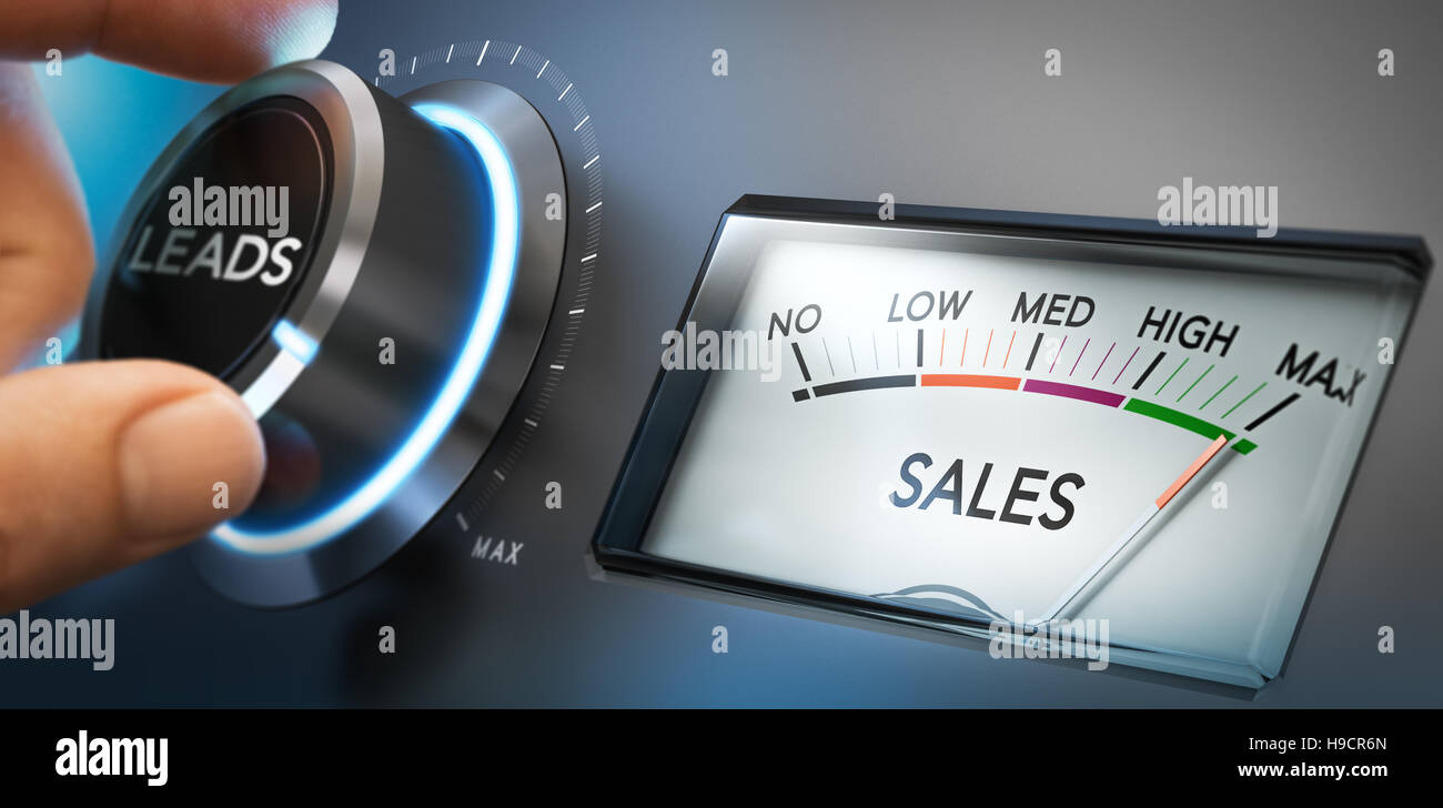 Hand turning a knob to set number of leads to the maximum to generate more sales. Composite image between a photography and a 3D background. Horizonta Stock Photo