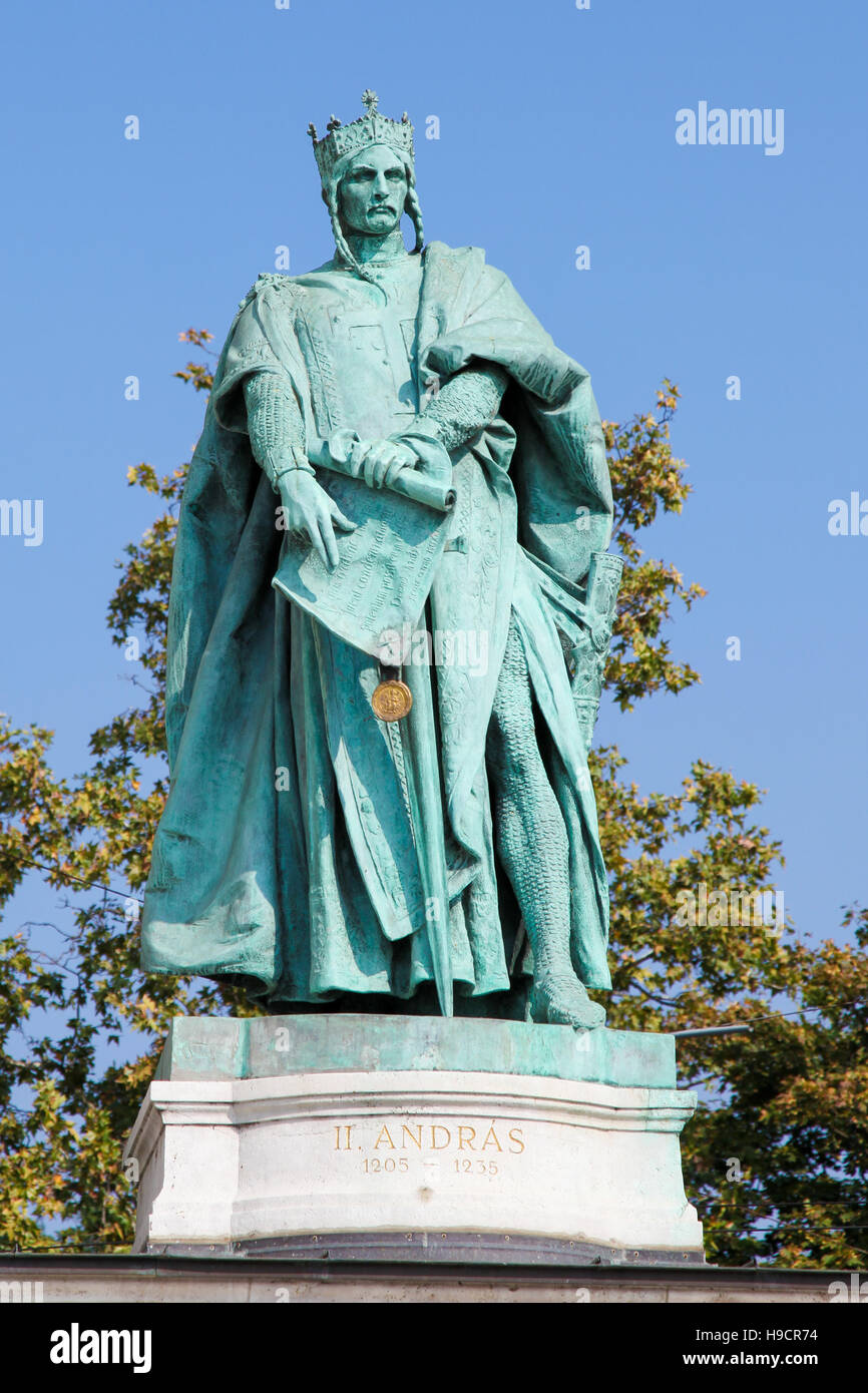 Statue of King Andrew II (1177 - 1235), also known as Andrew of Jerusalem, who was King of Hungary and Croatia between 1205 and 1235, in Heroes Square Stock Photo