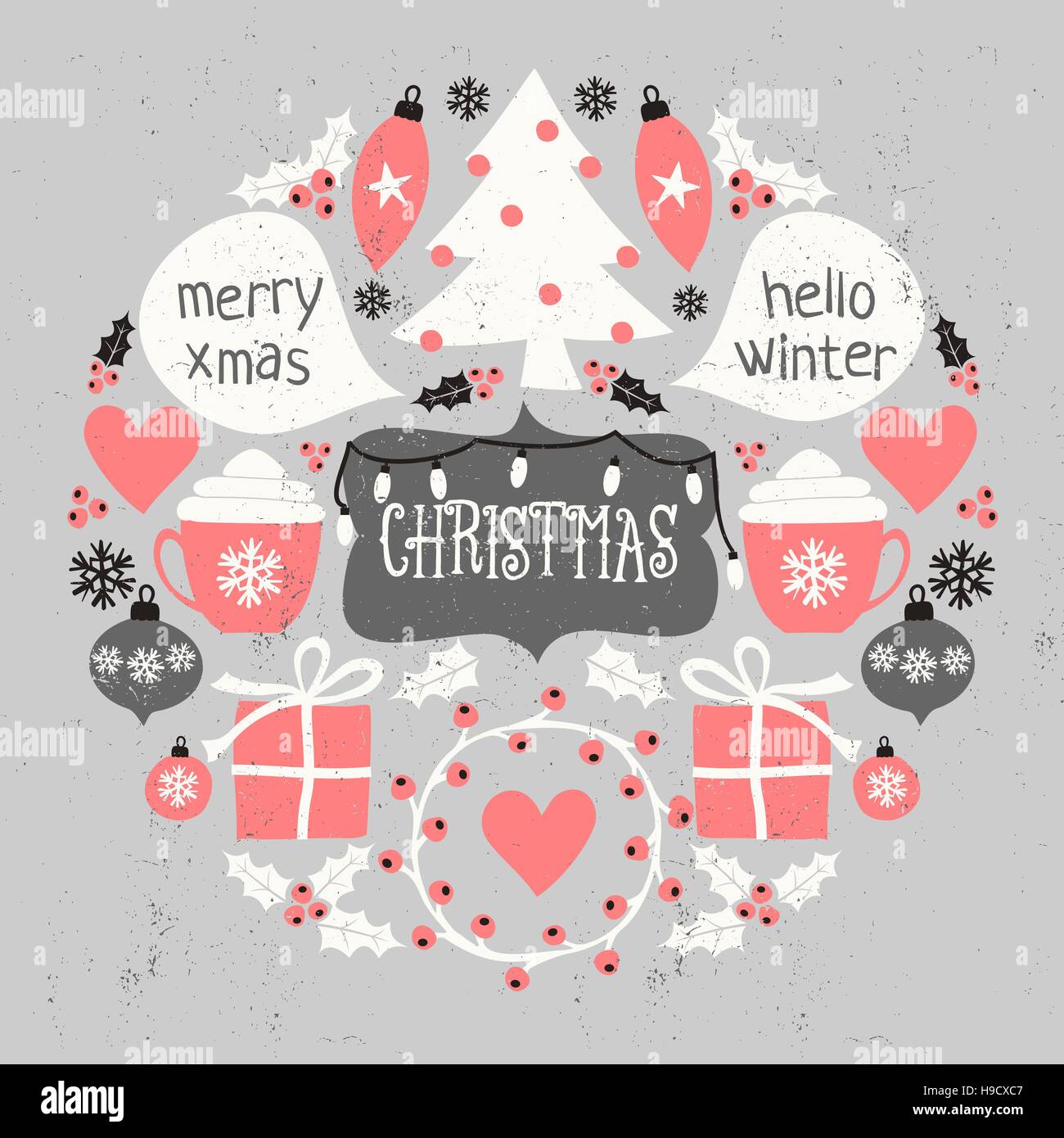 A round composition of Christmas symbols in pink, white, black and gray. Scandinavian style winter season postcard, brochure, wall art design. Stock Vector