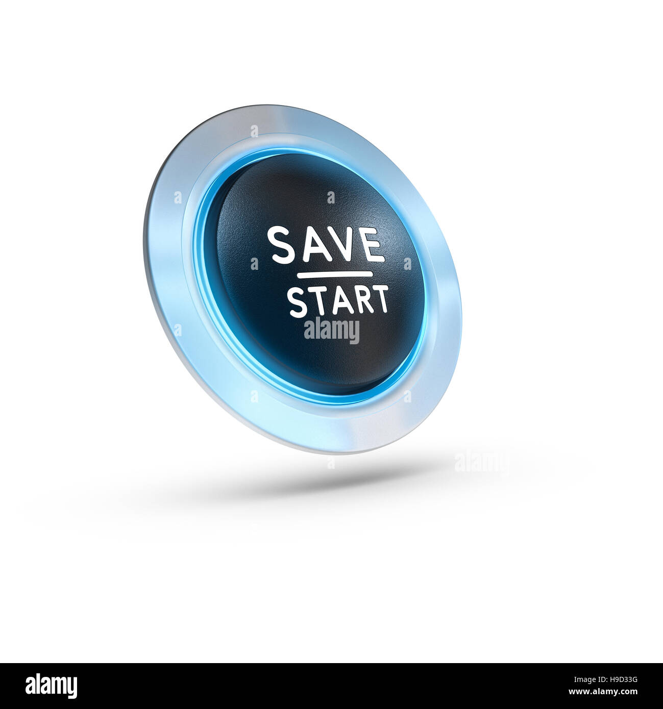 3D illustration of a push button with the text save start over white background. Square image Stock Photo
