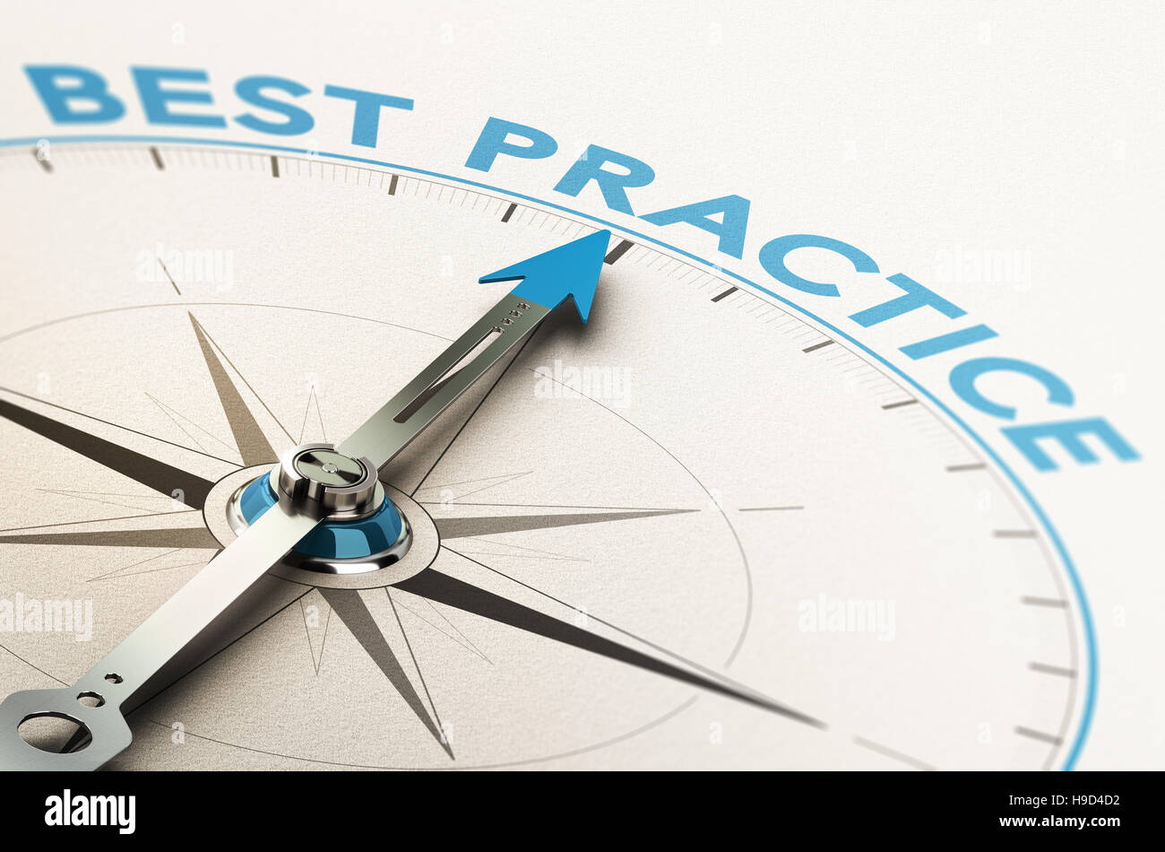 3D illustration of a compass with needle pointing the text best practice Stock Photo