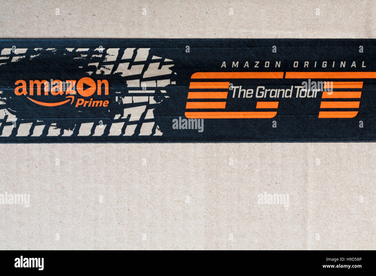 Amazon Prime logo  Amazon Original The Grand Tour tape on parcel from Amazon Stock Photo
