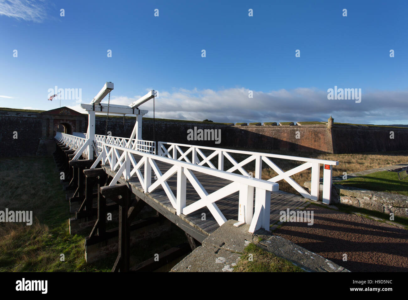 Fort George Scotland. The raised walkway and drawbridge entrance, to the main fortifications of Fort George. Stock Photo