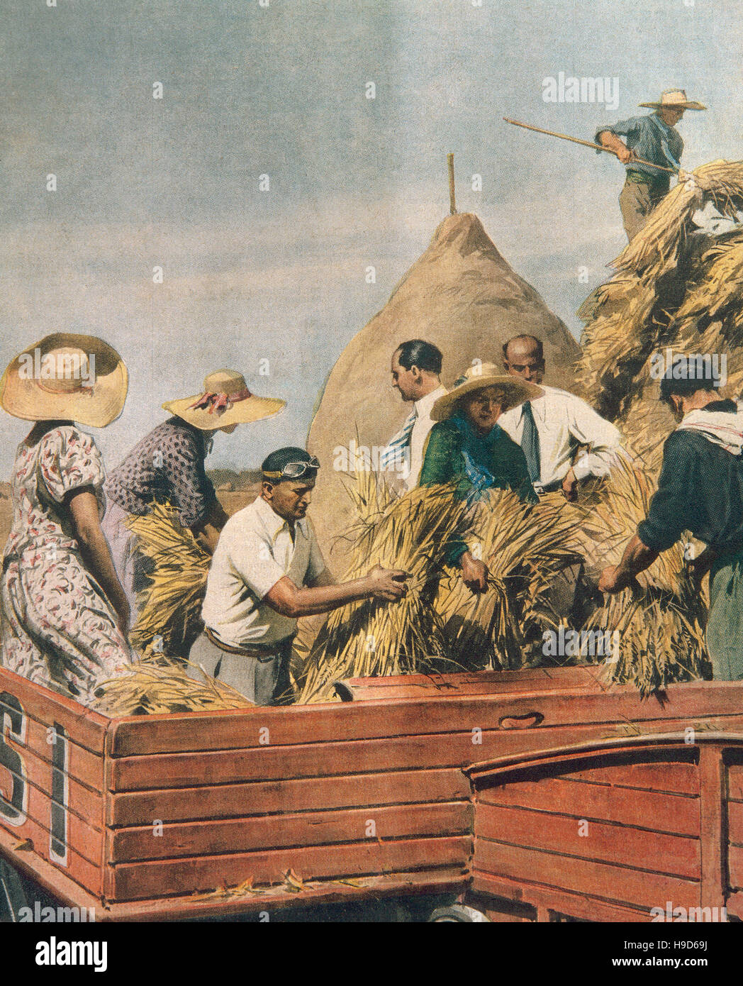 Mussolini in farmer participates in the harvests. Festival of the wheat. Reconquest of earth on the sea to Agropontine Stock Photo