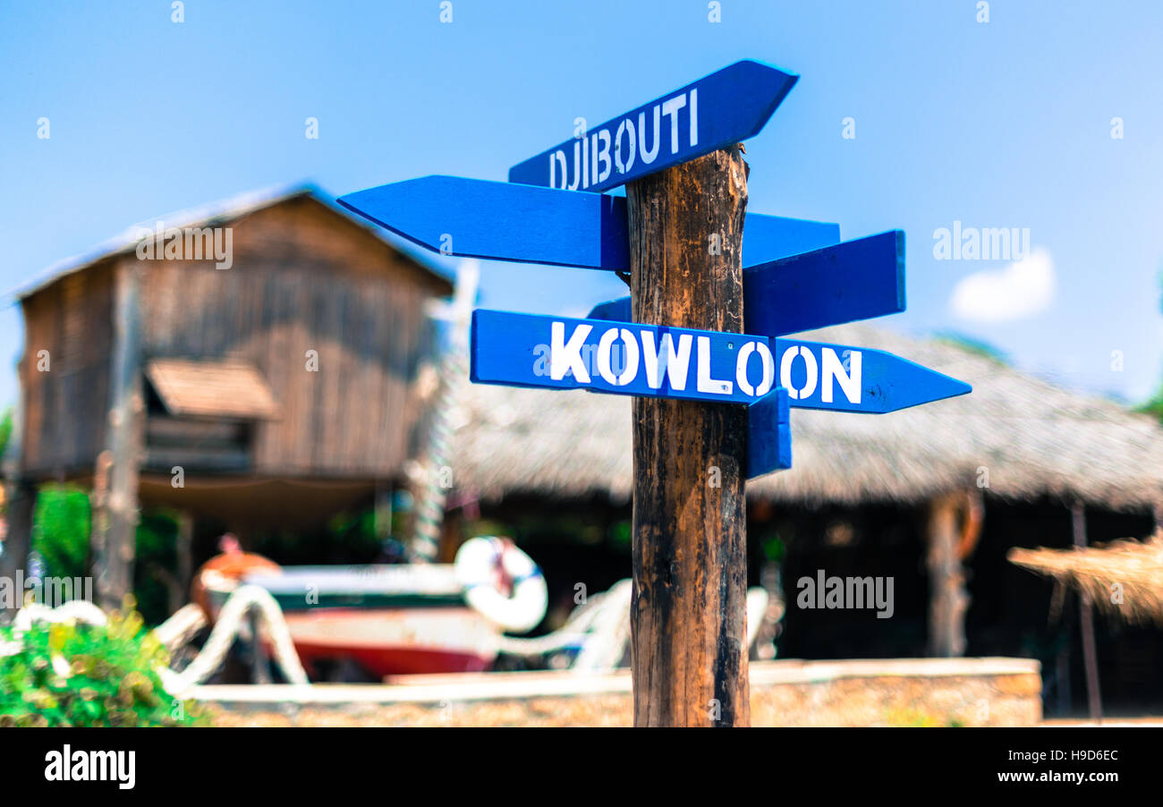 Wooden painted blue retro sign in Kefalonia, Greece Stock Photo - Alamy