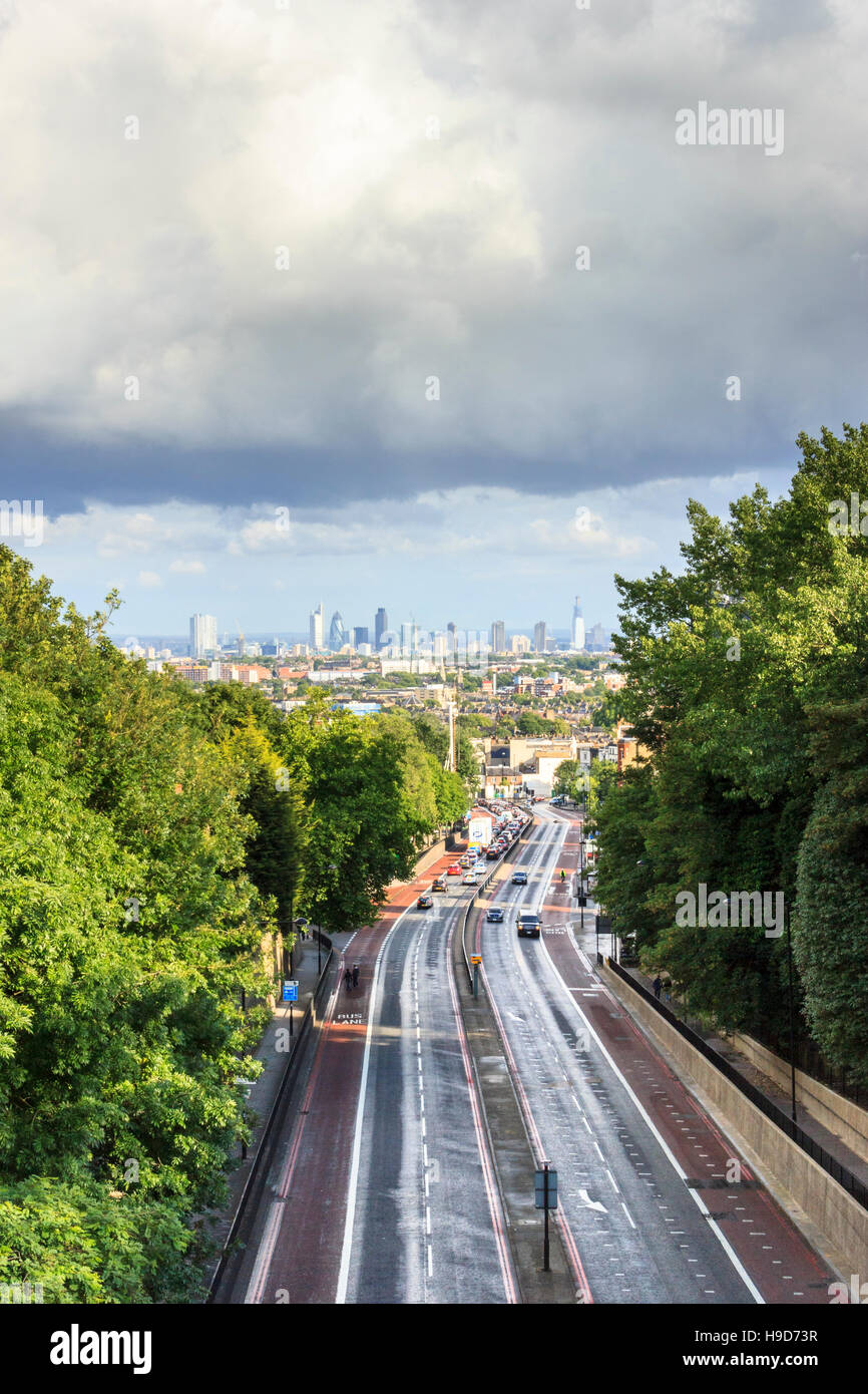 View South along Archway Road to the City of London, from Hornsey Lane Bridge, North Islington, London, UK Stock Photo