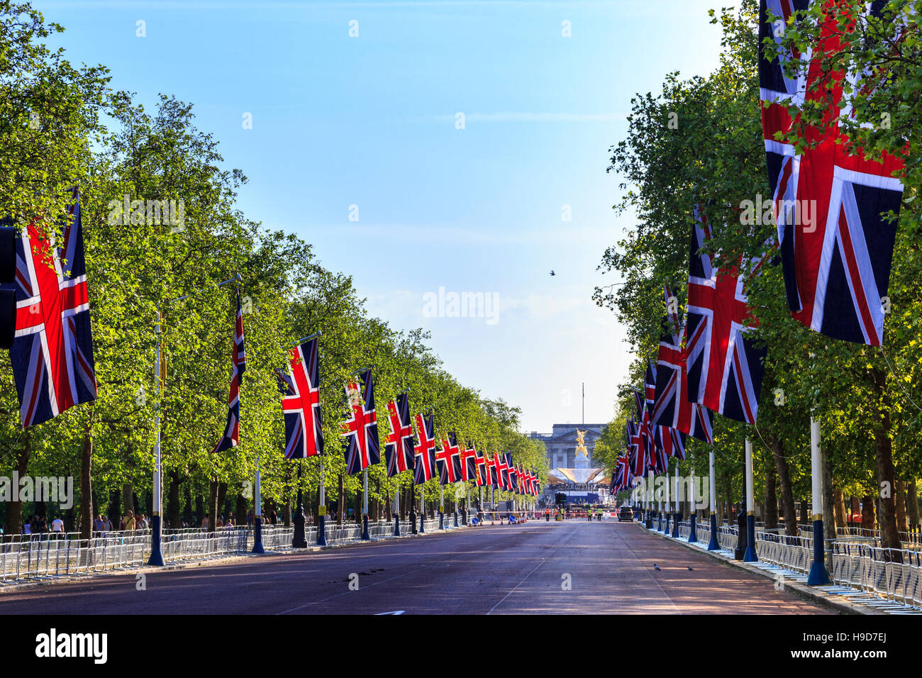 View of Buckingham Palace along The Mall, London, UK, flag-lined in preparation for the Queen's 2012 Diamond Jubilee event Stock Photo