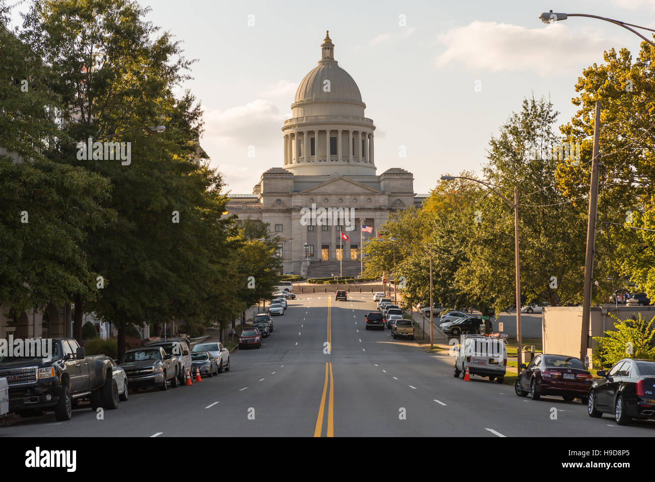 A view of the Arkansas State Capitol looking up West Capitol Avenue in Little Rock, Arkansas. Stock Photo