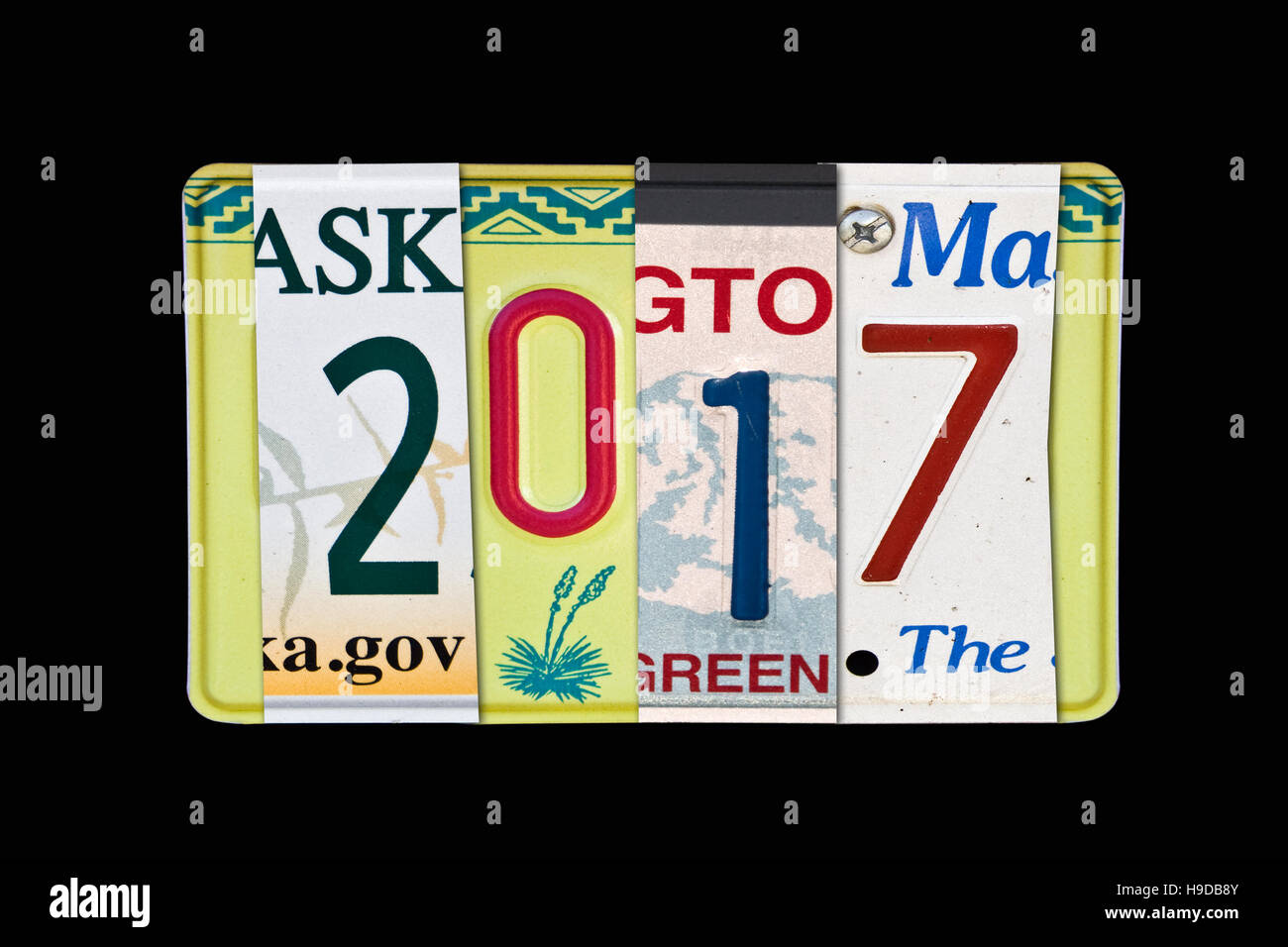 2017 written with US license plates, black slate background Stock Photo