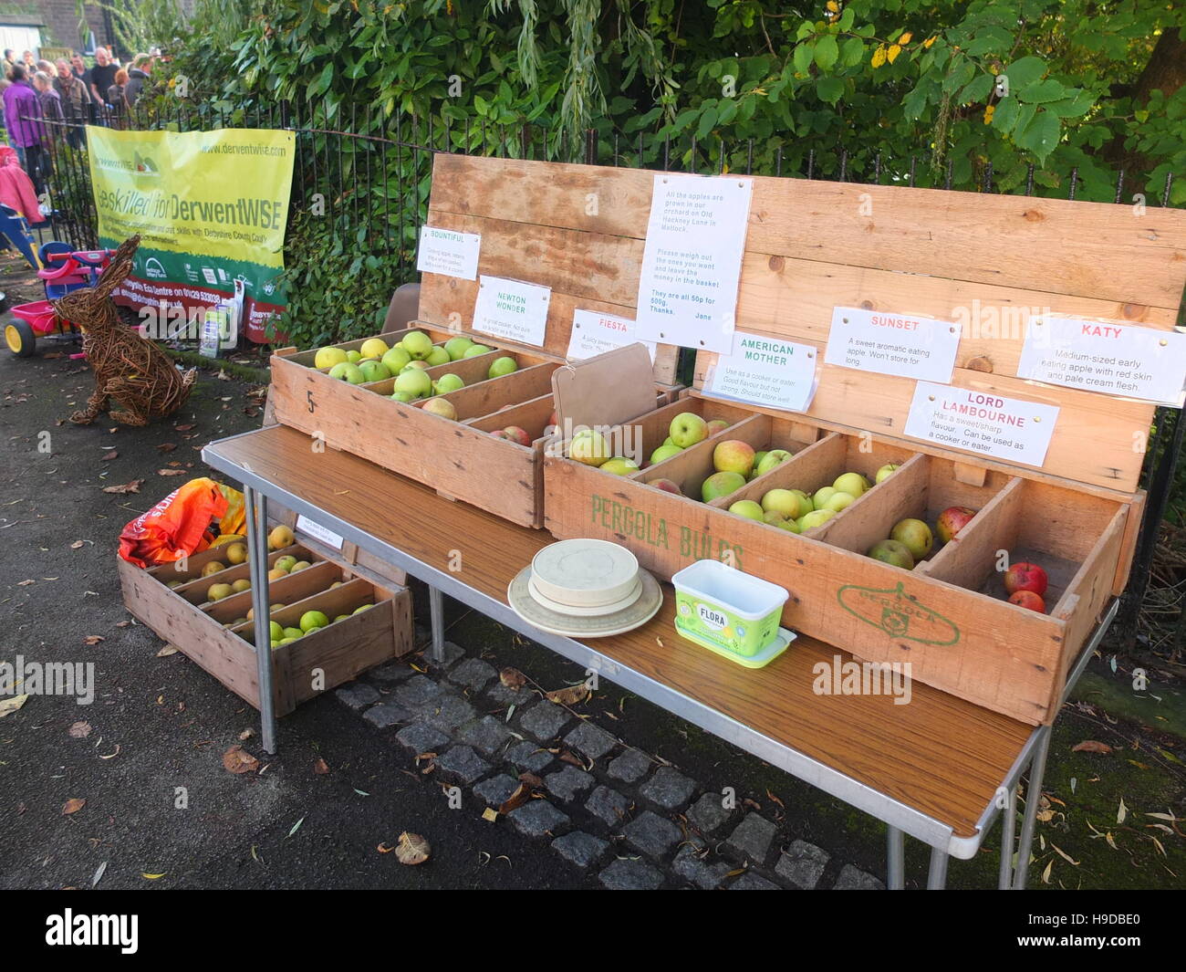 Varieties of apple in wooden crates for sale at an honesty stall at
