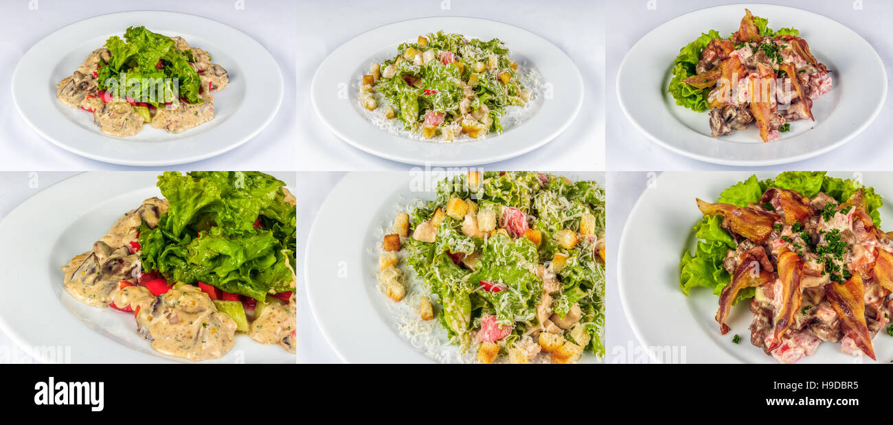 three salads with meat, tomatoes crackers, bekon and liver on white plate for celebration table Stock Photo