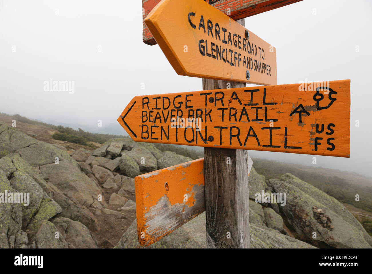 The summit of Mount Moosilauke, in Benton, New Hampshire USA during the summer months on a foggy day Stock Photo