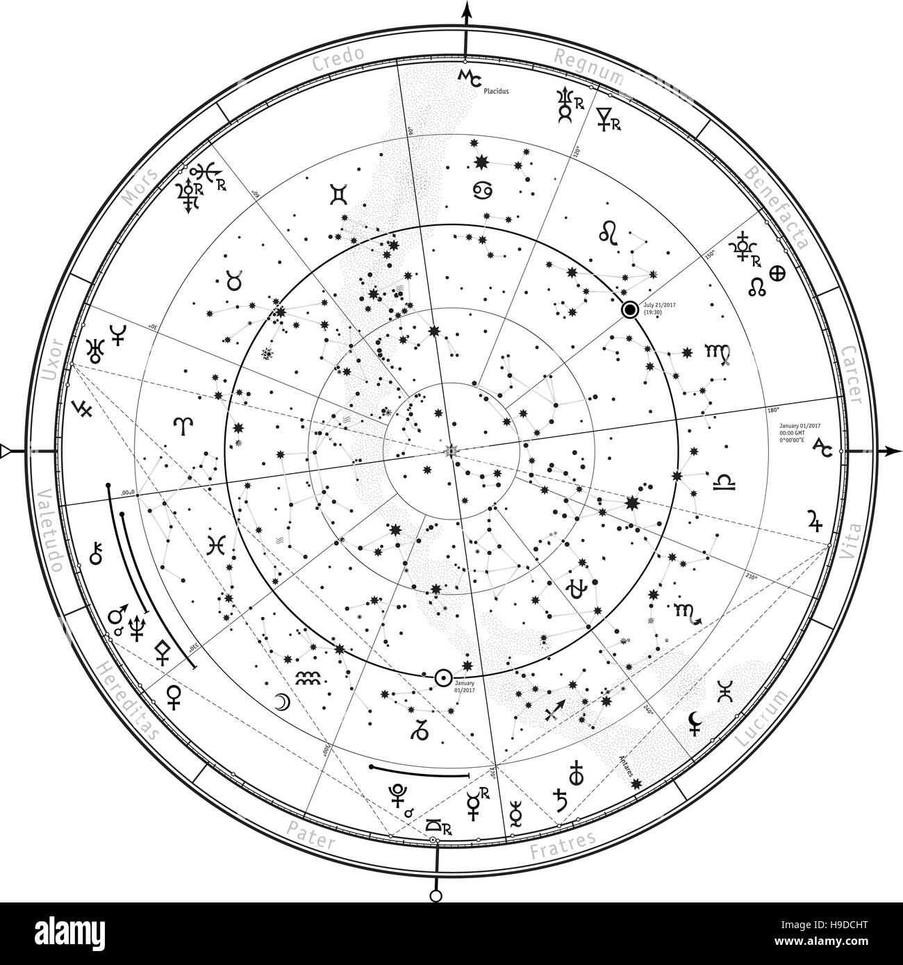 Astrological Celestial map of Northern Hemisphere. Horoscope on January 1, 2017 (00:00 GMT). Stock Vector