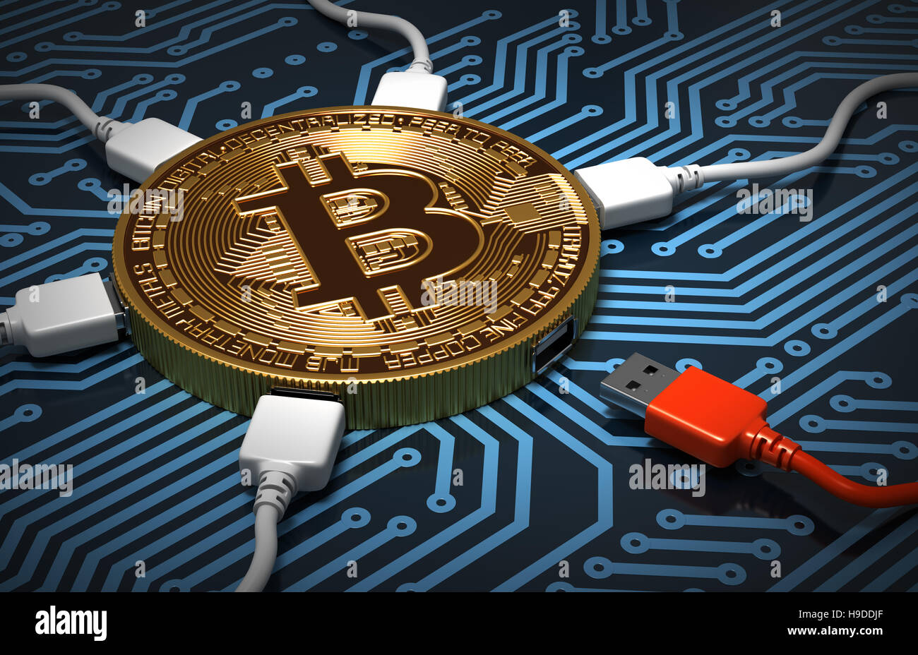 Red And White USB Wires Connected To The Bitcoin On Printed Circuit Board. 3D Illustration. Stock Photo