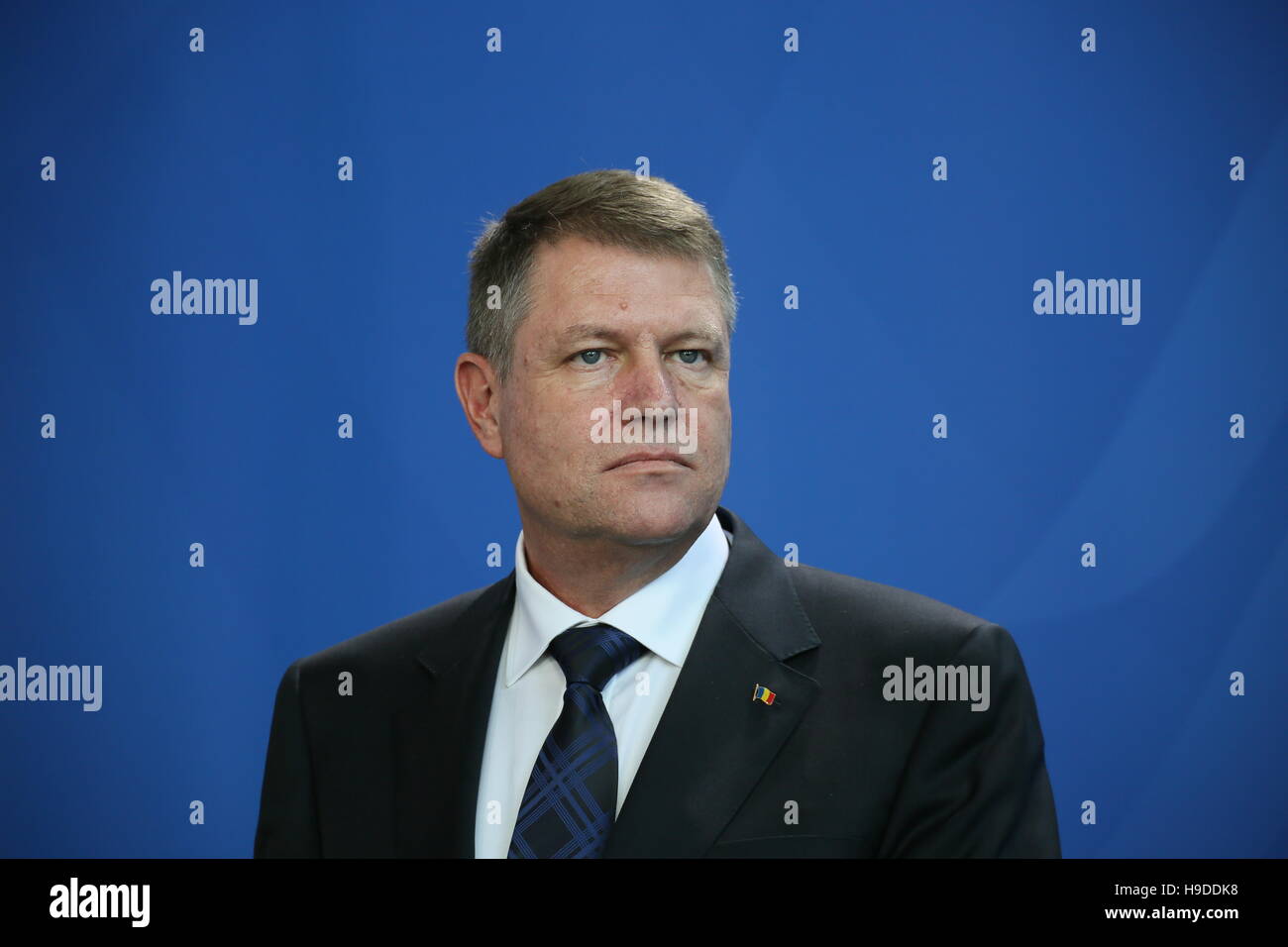President of Romania Klaus Iohannis gives joint press statement with Chancellor Merkel on February, 26th 2015 in Berlin, Germany Stock Photo