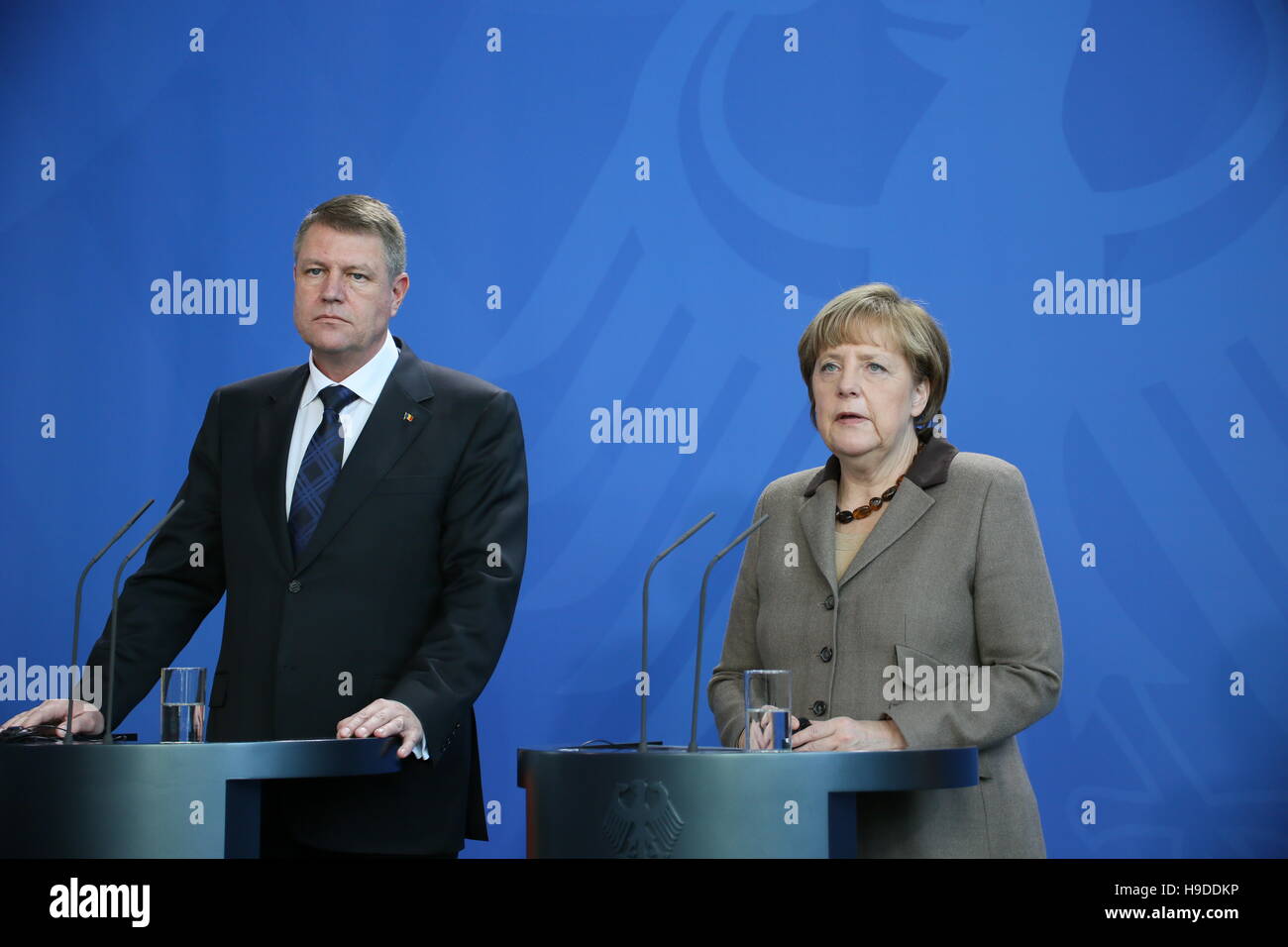 President of Romania Klaus Iohannis gives joint press statement with Chancellor Merkel on February, 26th 2015 in Berlin, Germany Stock Photo