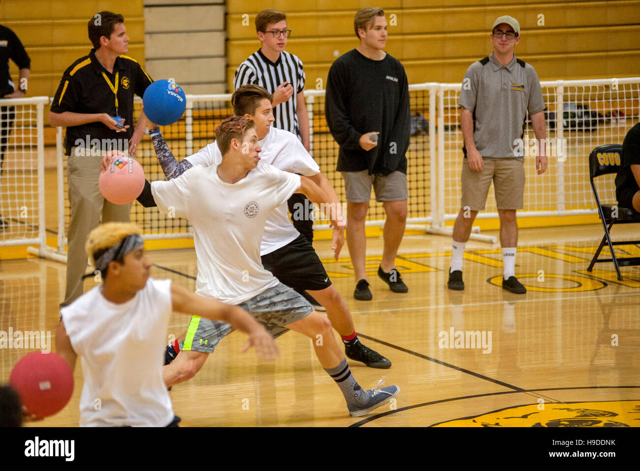 High school athletes in San Clemente, CA, play a dodge ball game in the