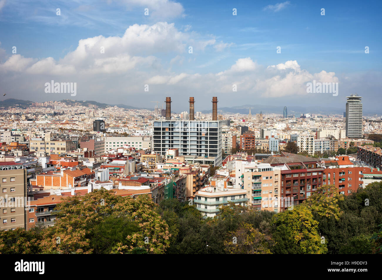 City of Barcelona cityscape, on first plan El Poble Sec neighbourhood of Sants-Montjuic district, Catalonia, Spain Stock Photo
