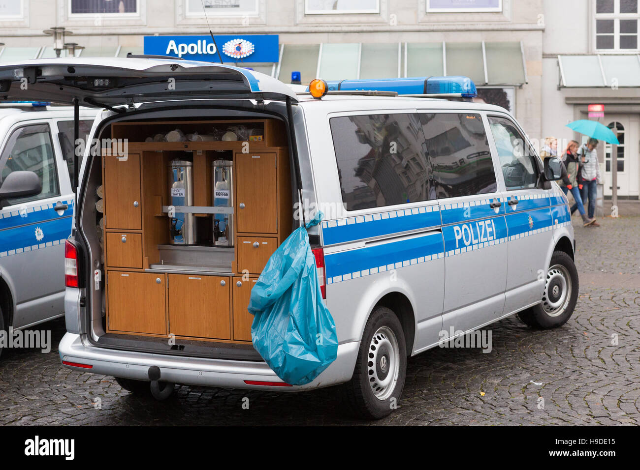 A mobile cafe in the back of a German police vehicle Stock Photo