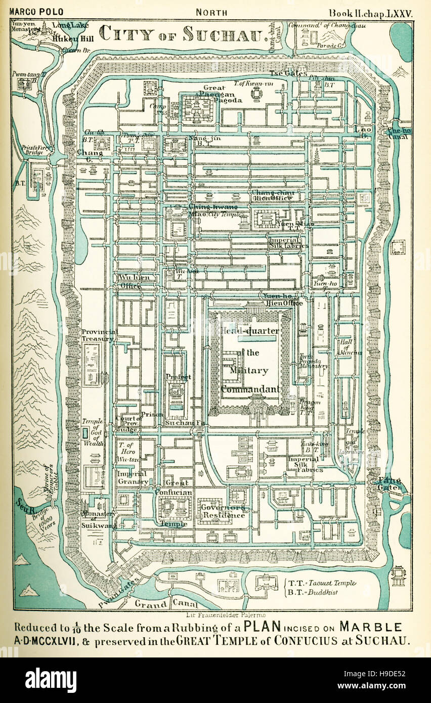 The plan of the City of Suchau, China, is from the book by the Venetian traveler Marco Polo, Book II, Chapter LXXV, as  translated by Henry Yule. The map, according to the notes written on it, has been reduced to one-tenth scale and is from a rubbing of a plan incised on marble in A.D. 1248 and preserved in the Great Temple of Confucius at Suchau. Suchau is a city to the west of present-day Shanghai. Marco  Polo (1254-1324) visited the city and commented on its splendors, including its elegant canals and bridges, as well as refined merchants and philosophers. Stock Photo