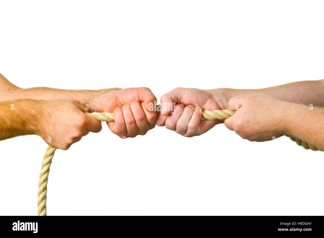Hands pull a rope - isolated white background Stock Photo - Alamy
