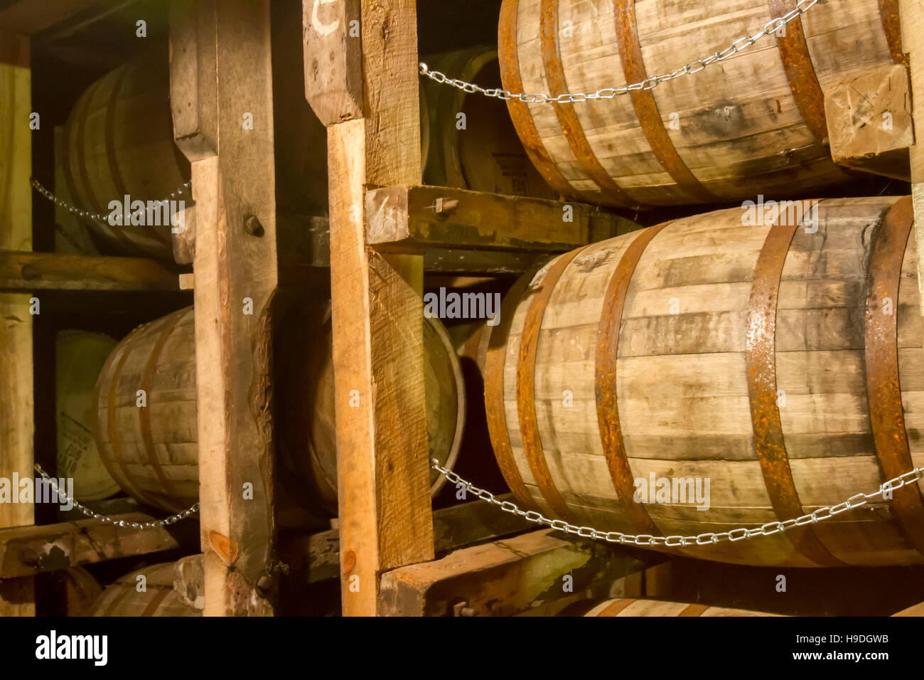 Bourbon barrels in rik house warehouse. Stock Photo