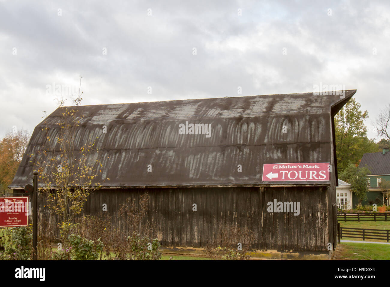 Loretto, KY, USA - October 21, 2016 :  Maker's Mark Distillery tour sign of side of rustic barn, Stock Photo