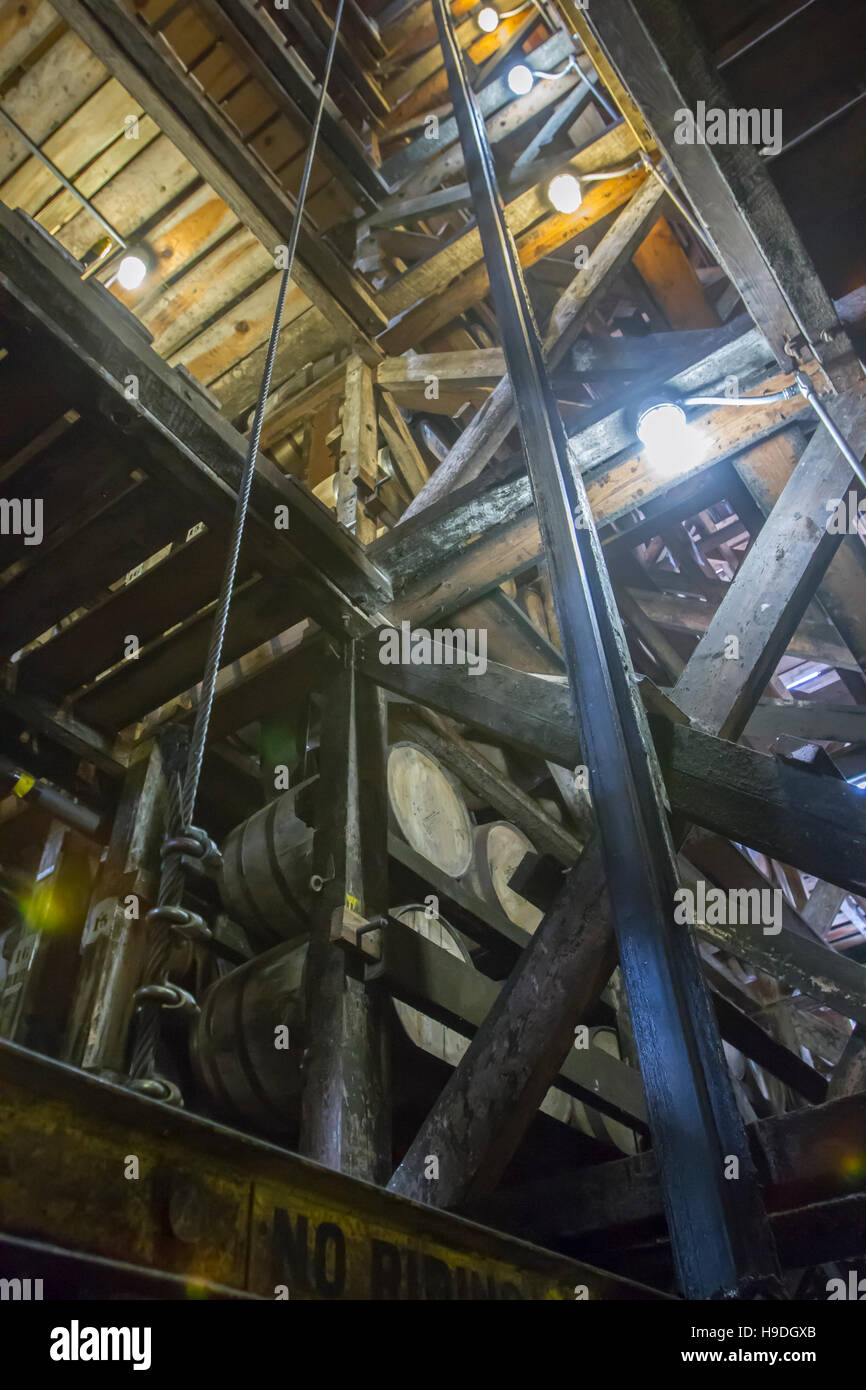 Inside the RIk or rack house with aging barrels of bourbon. Stock Photo