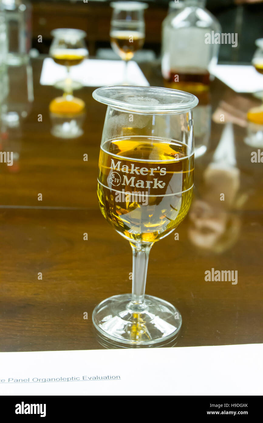 Loretto, KY, USA - October 21, 2016 :  Glasses of Maker's Mark in sensory and testing lab of distillery. Stock Photo