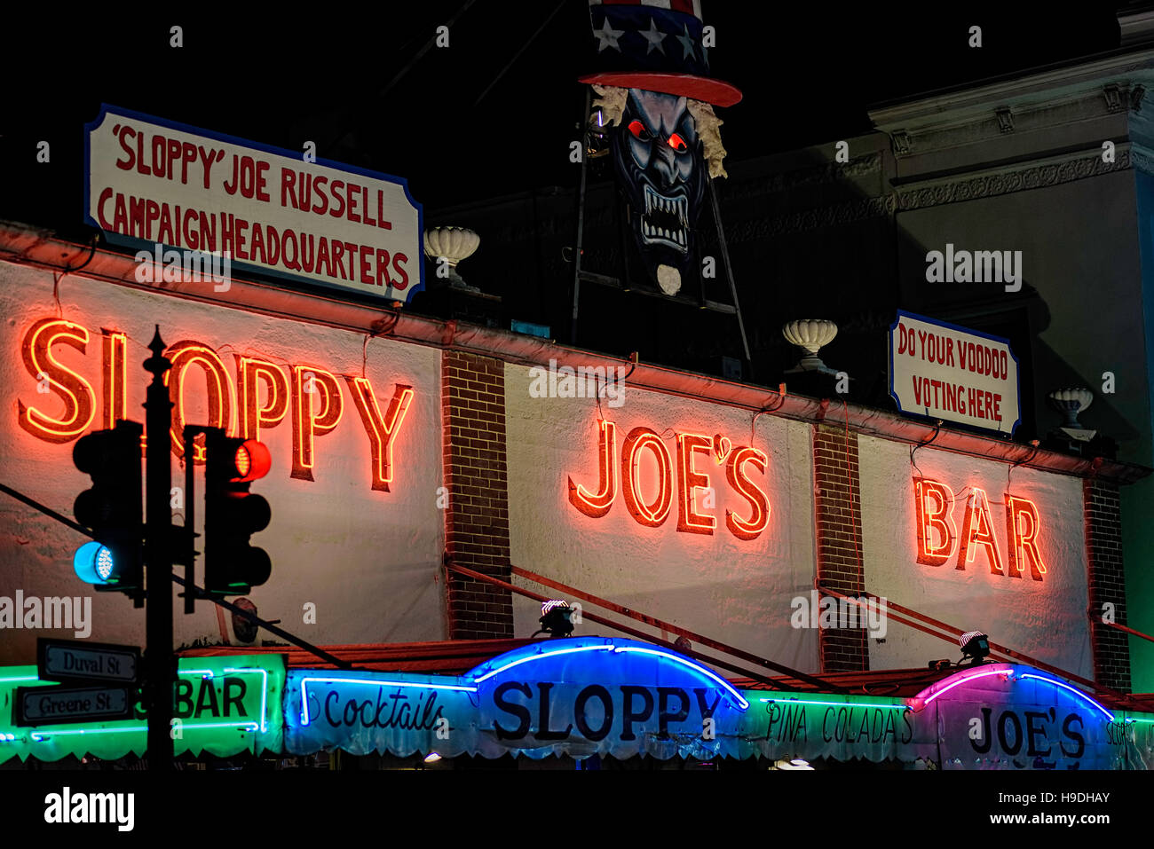 Night photo of Sloppy Joe's Bar during 2016 Fantasy Fest, Political Voodoo theme Stock Photo