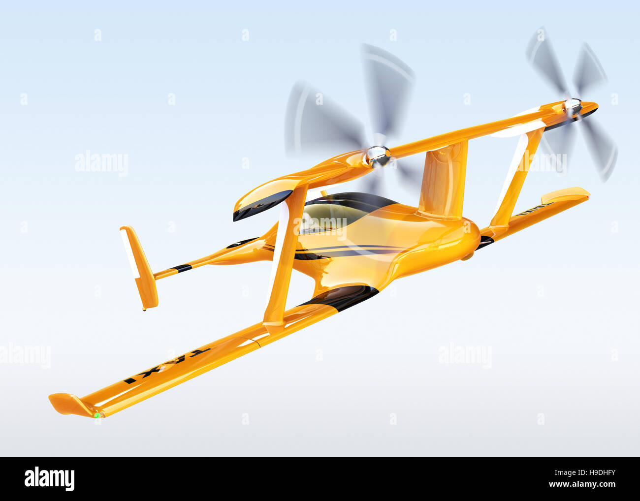 Yellow autonomous flying drone taxi flying in the sky. 3D rendering image. Stock Photo