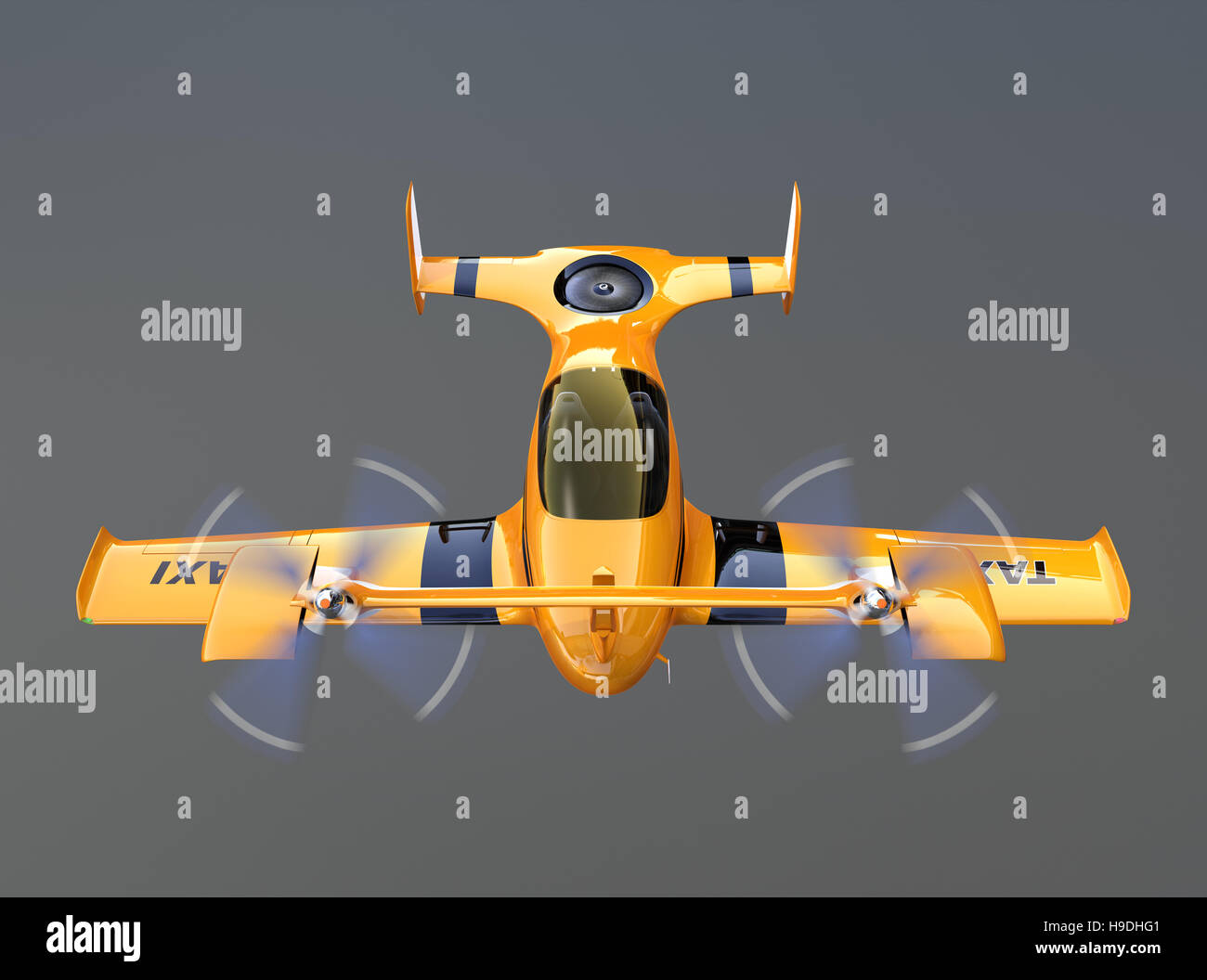 Front view of yellow autonomous flying drone taxi isolated on gray background. 3D rendering image. Stock Photo