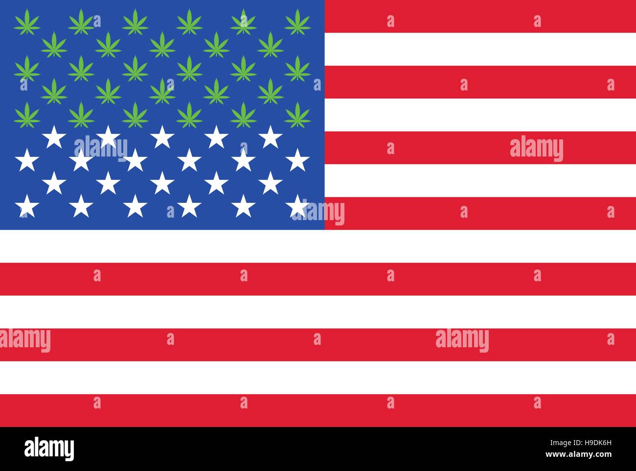 Cannabis now legal in 28 US states concept. United States of America flag with 28 marijuana leaves instead of stars infographic Stock Vector