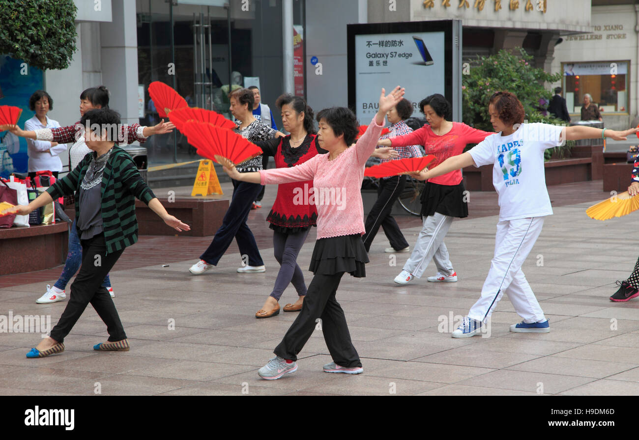 China, Shanghai, people, morning exercise, tai chi, Stock Photo