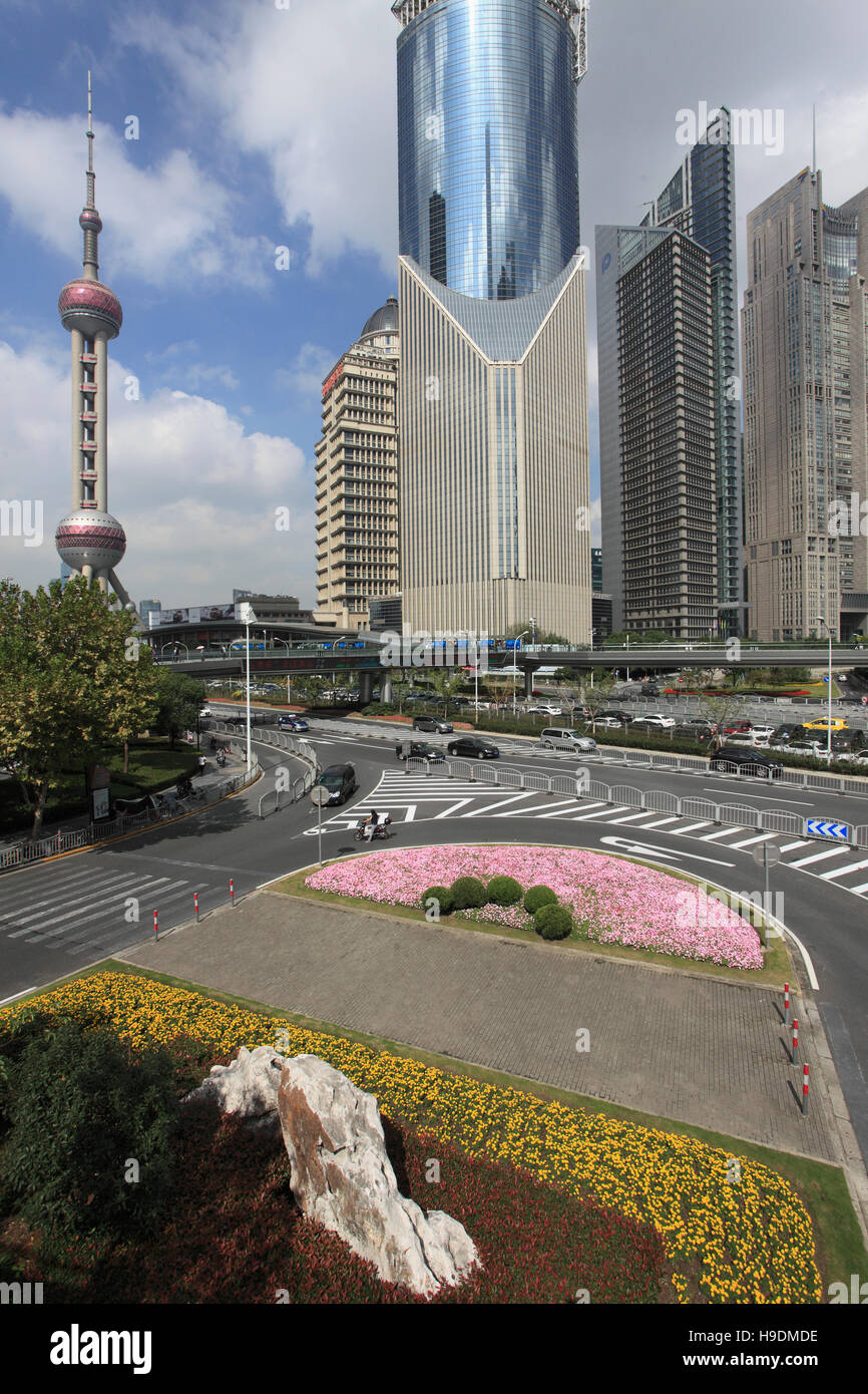 China, Shanghai, Pudong, street scene, skyscrapers, modern architecture, Stock Photo