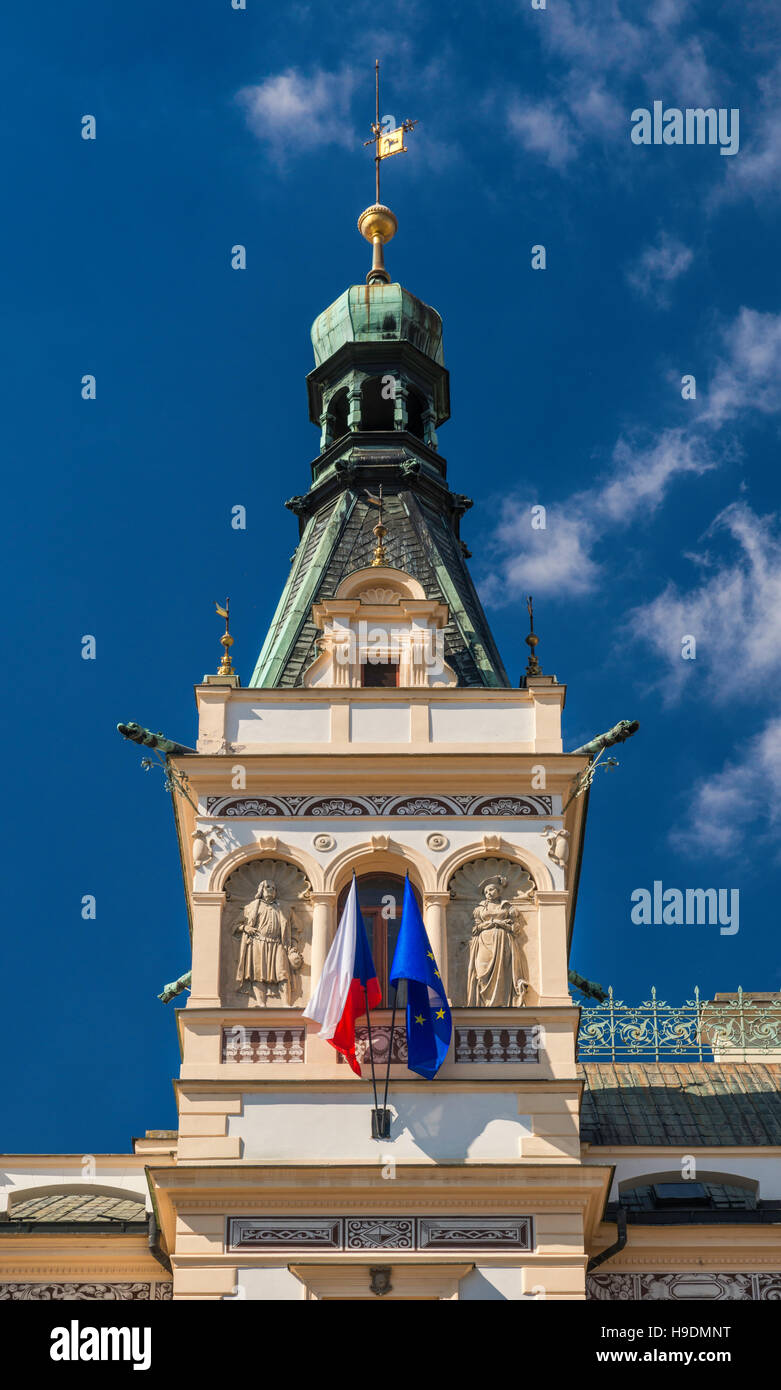 Town Hall tower, Neorenaissance style, in Pardubice, Bohemia, Czech Republic Stock Photo