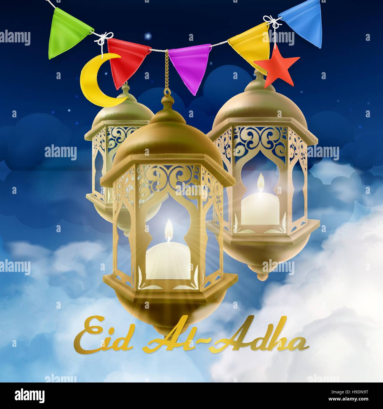 Muslim holiday Eid AlAdha. Islamic culture. Greeting card with lamp