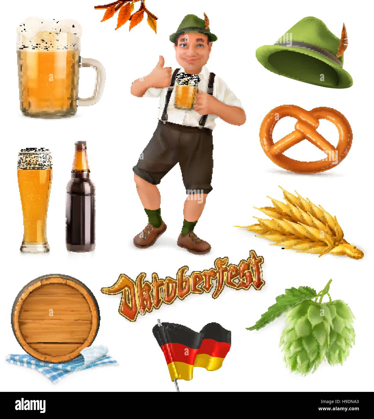 Munich Beer Festival Oktoberfest, the vector can also be used by any beer manufacturers. 3d vector icon set. Funny cartoon characters and objects. Stock Vector