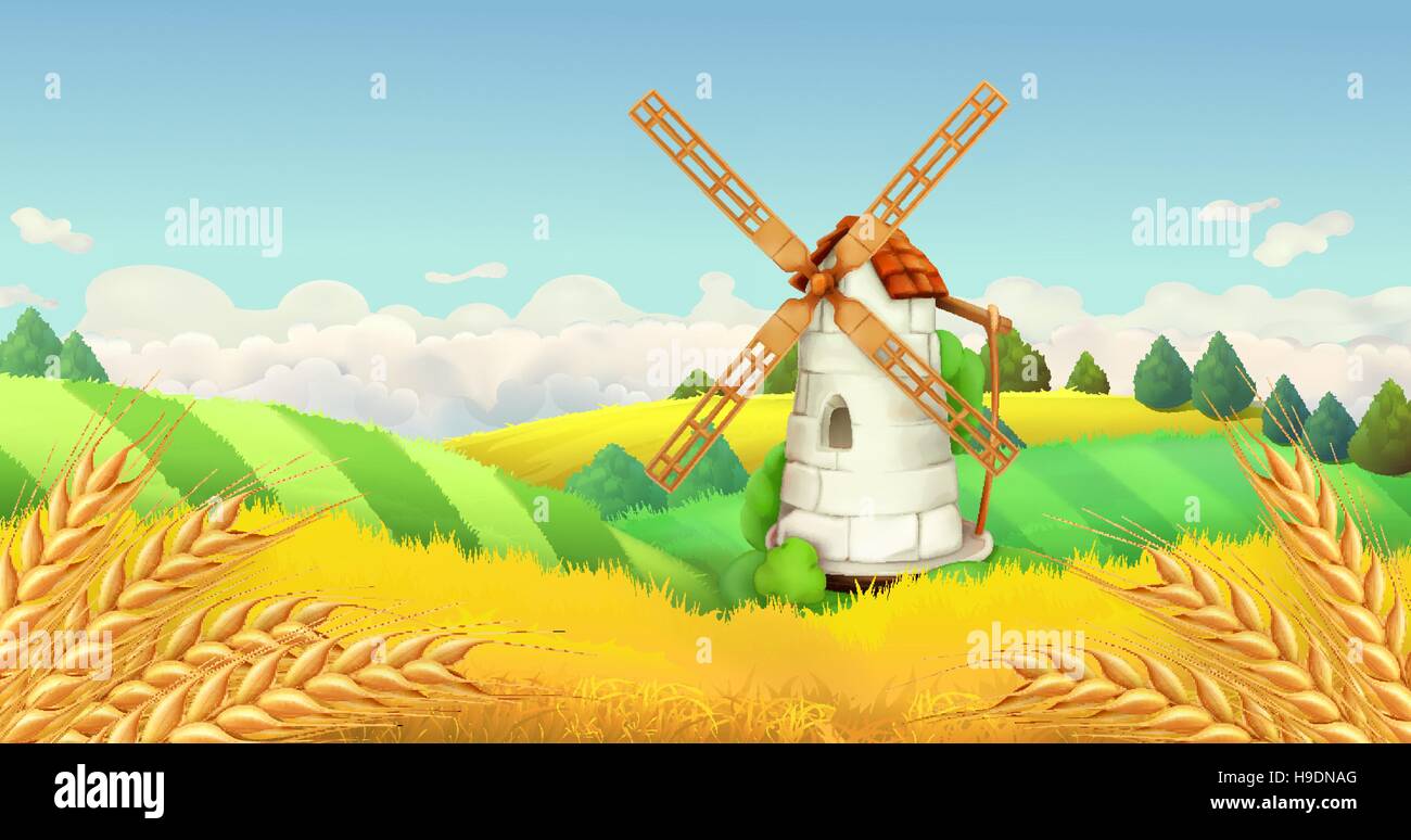 Wheat field. Windmill landscape. Horizontal background, vector Stock Vector