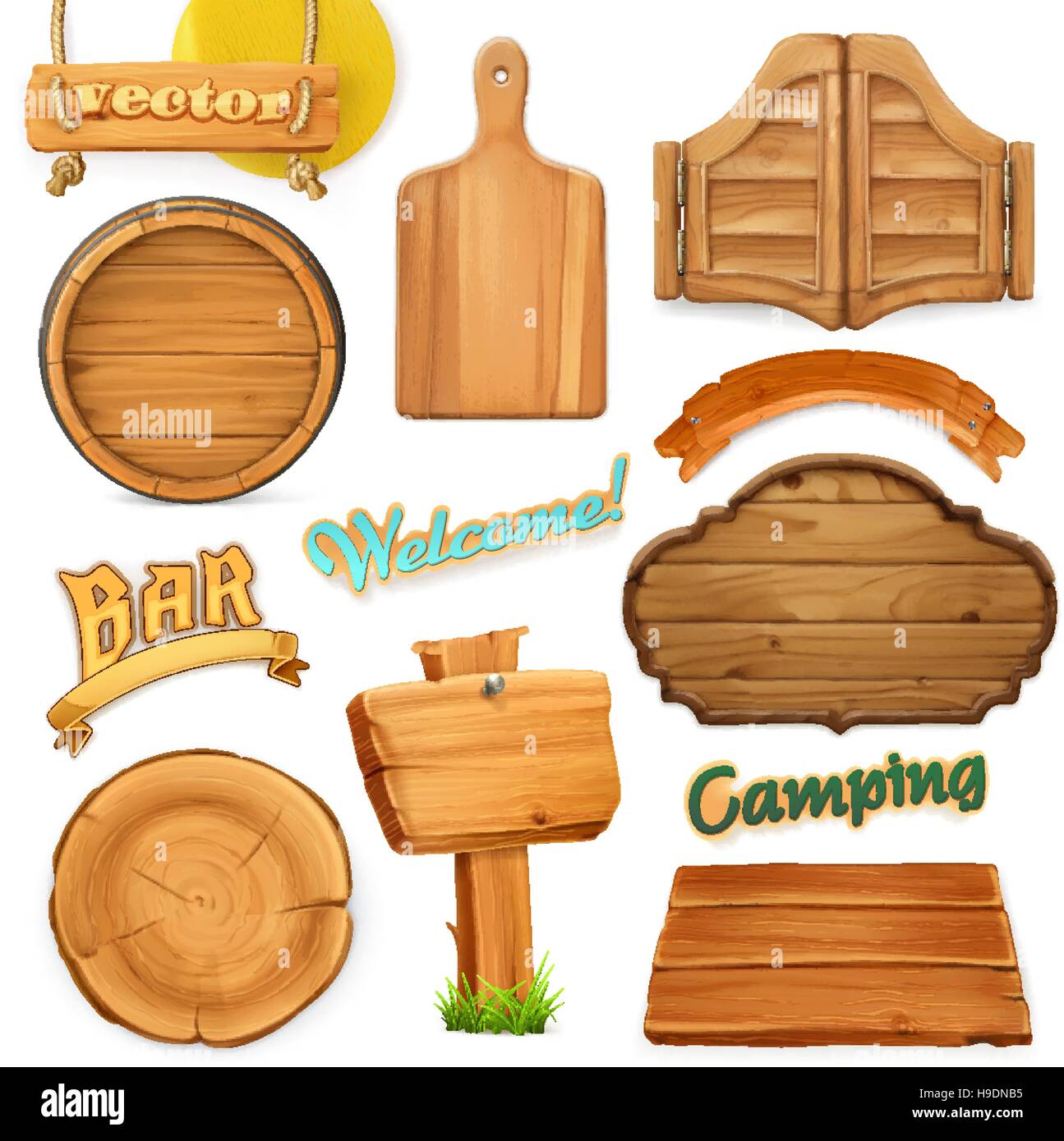 Wooden sign set. Template for logo, emblem. 3d vector Stock Vector Wooden sign set. Template for logo, emblem. 3d vector Stock Vector