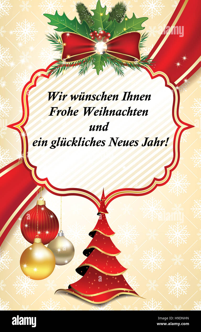 Wir wünschen Ihnen Frohe Weihnachten und ein Glückliches Neues Jahr Grußkarte. Druckfarben verwendet. Benutzerdefiniertes Format Stock Photo