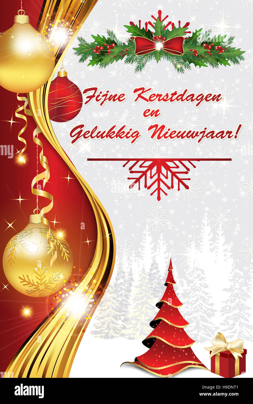 Fijne Kerstdagen en Gelukkig Nieuwjaar! winter kaartje. Print kleuren